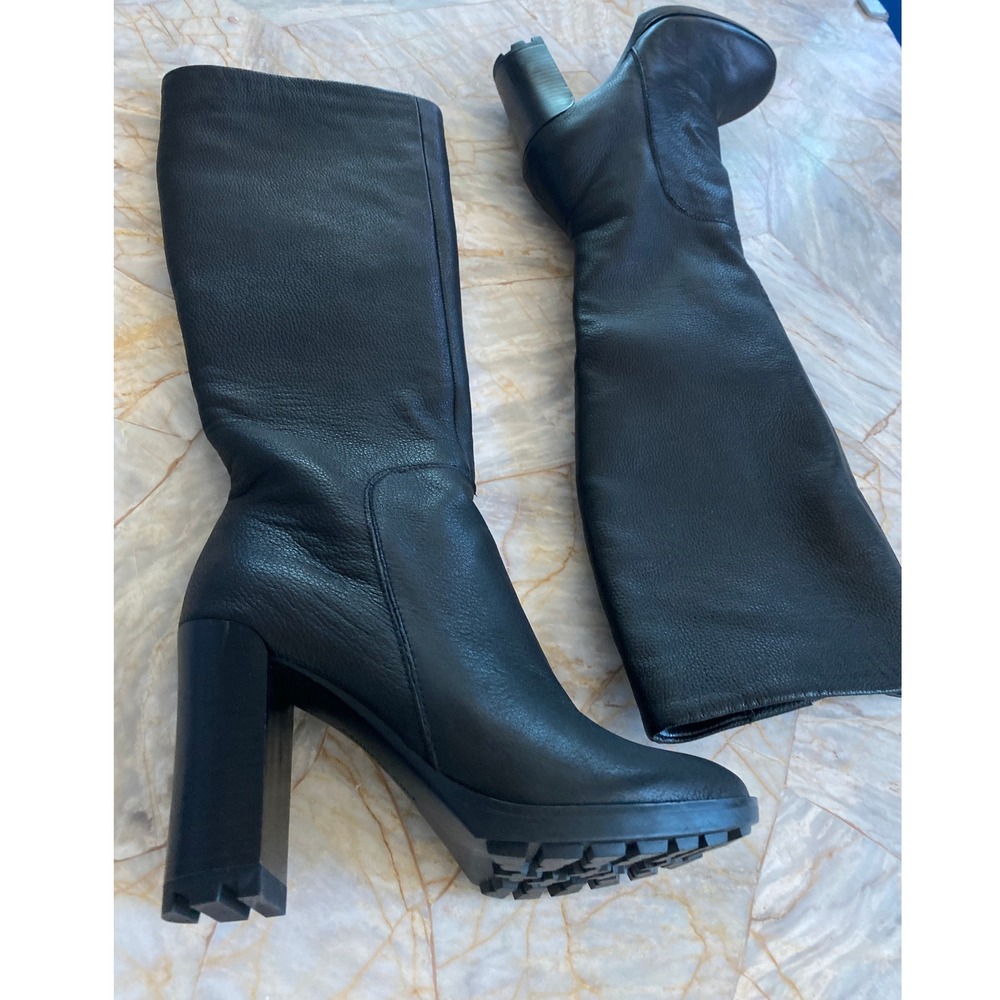 Kenneth Cole New York Black Pebbled Leather Knee High Block Heel Lug Boots - Picture 3 of 9